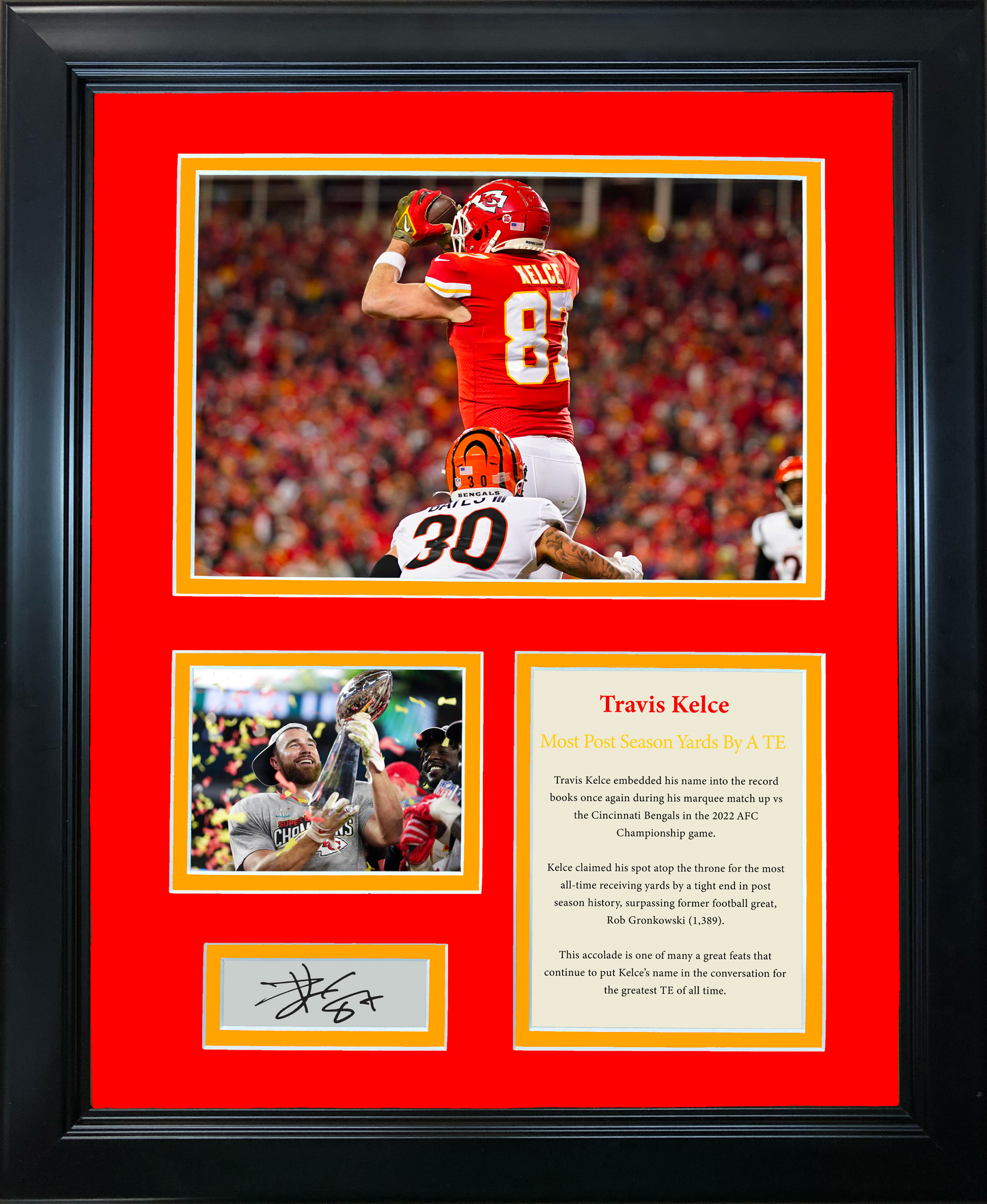 Framed Travis Kelce Record Most Post Season Receiving Yards by Tight End Kansas City Chiefs Facsimile Laser Engraved Signature Auto Football 11"x14" Photo Sig Collage
