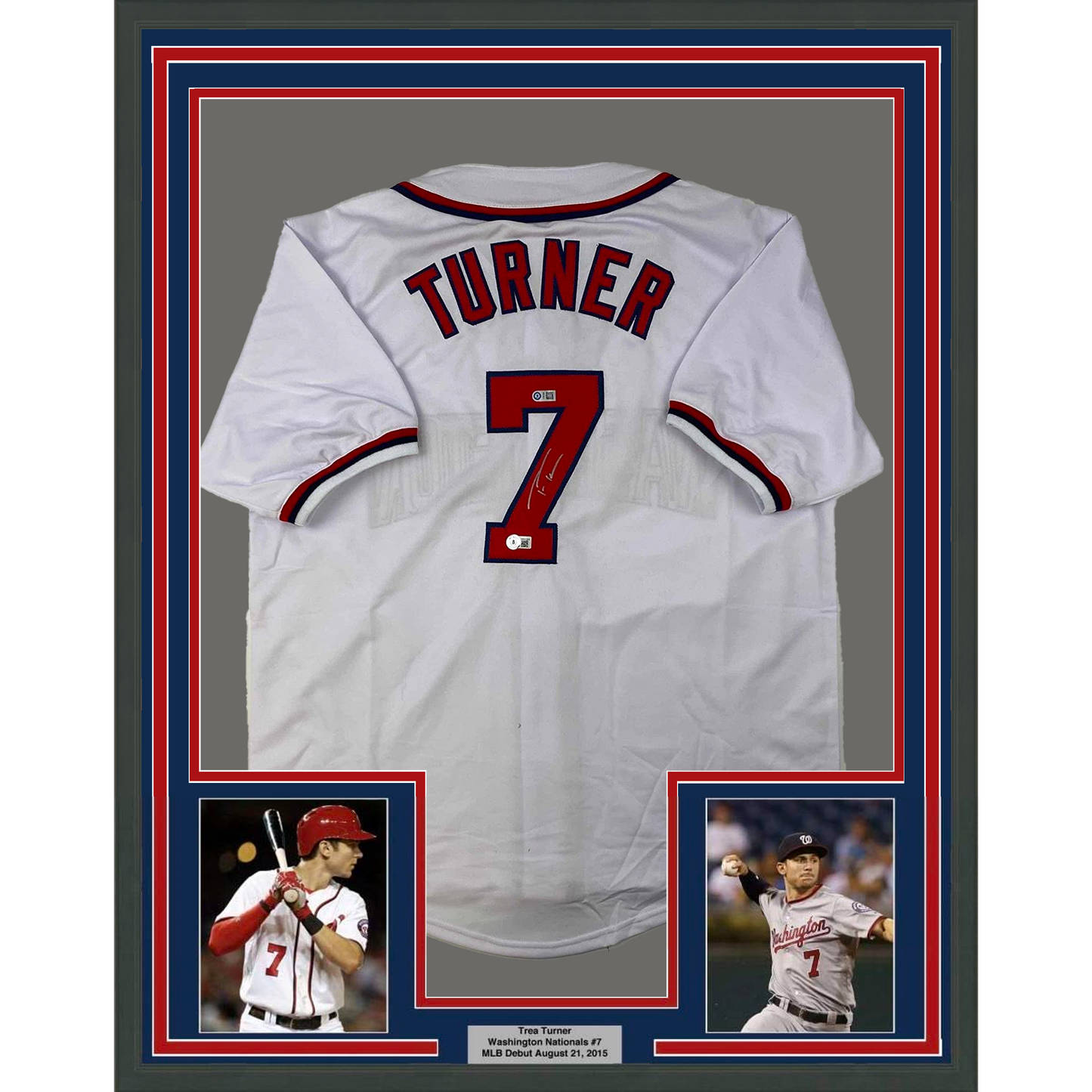 Framed Autographed/Signed Trea Turner 35x39 Washington White Baseball Jersey Beckett BAS COA