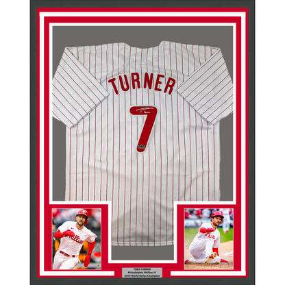 Framed Facsimile Autographed Trea Turner 35x39 Philadelphia Pinstripe Reprint Laser Auto Baseball Jersey