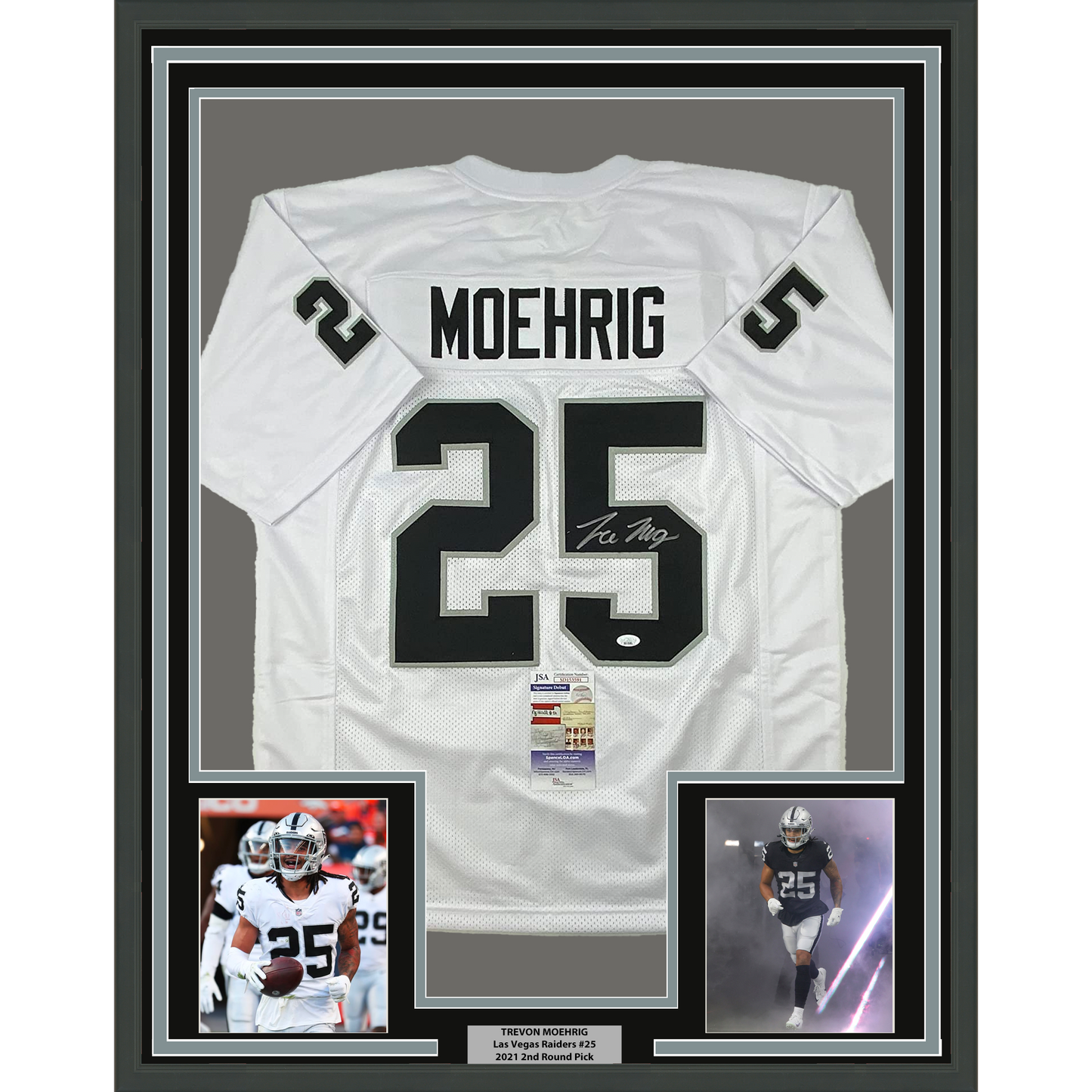 Framed Autographed/Signed Trevon Moehrig 35x39 Las Vegas Oakland White Football Jersey JSA COA