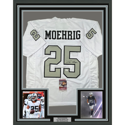Framed Autographed/Signed Trevon Moehrig 35x39 Las Vegas Oakland White Color Rush Football Jersey JSA COA
