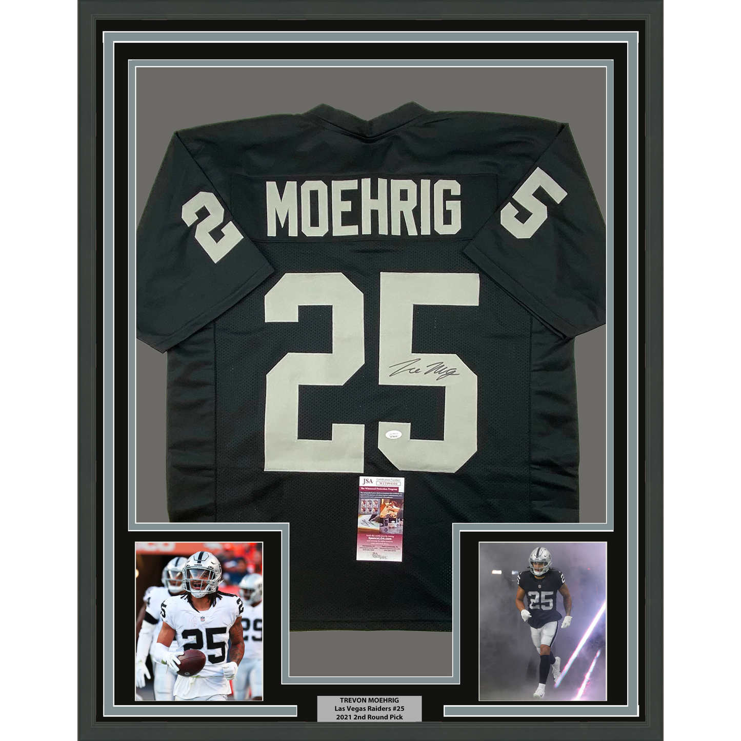 Framed Autographed/Signed Trevon Moehrig 35x39 Las Vegas Oakland Black Football Jersey JSA COA