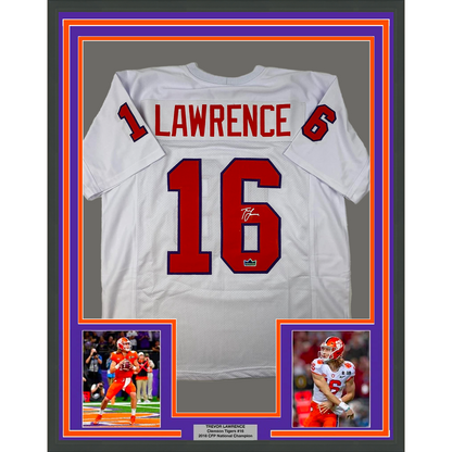 Framed Facsimile Autographed Trevor Lawrence 35x39 Clemson White Reprint Laser Auto College Football Jersey Size Men's XL