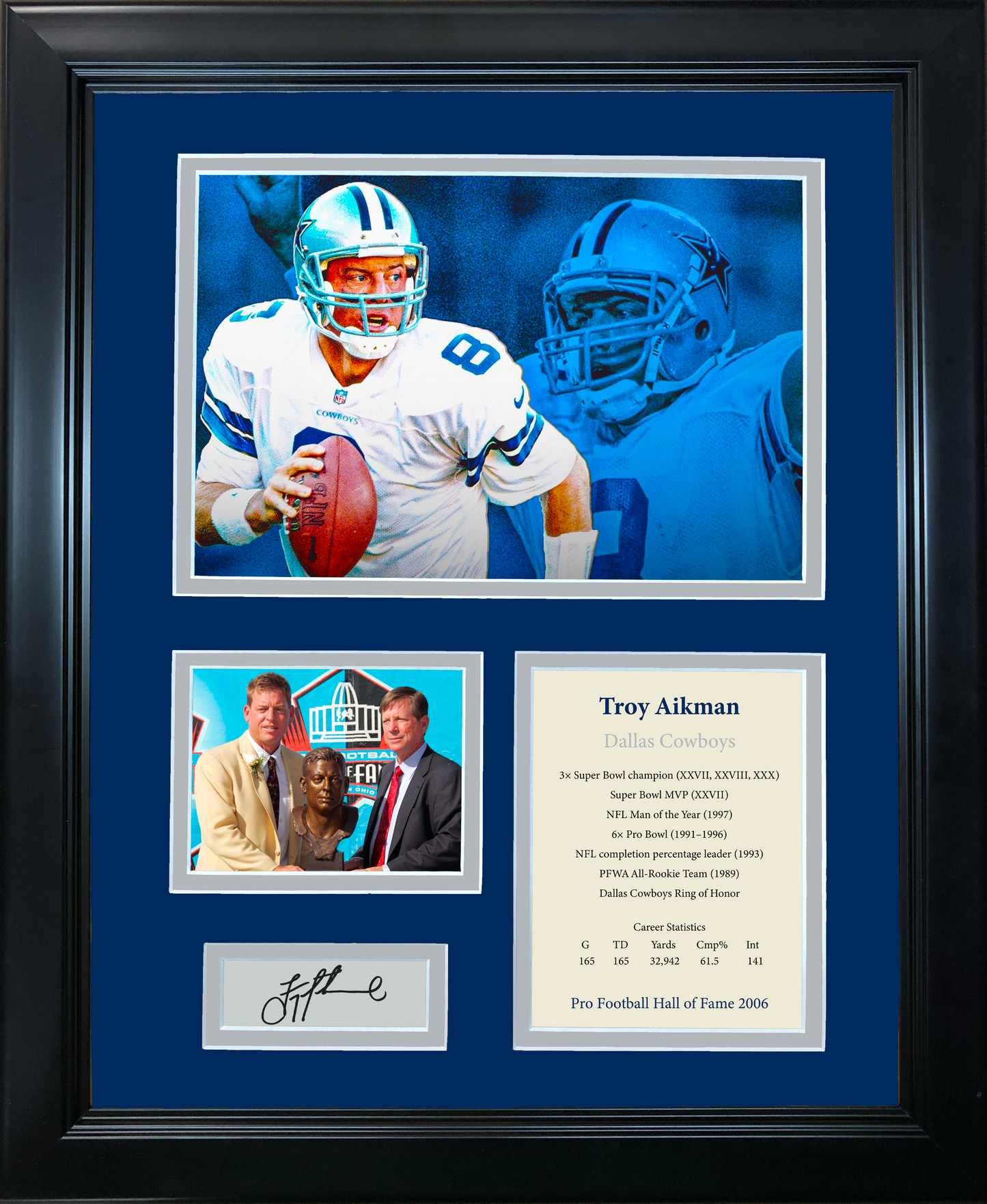 Framed Troy Aikman Hall of Fame Facsimile Laser Engraved Signature Auto Dallas Cowboys 11"x14" Photo Sig Collage