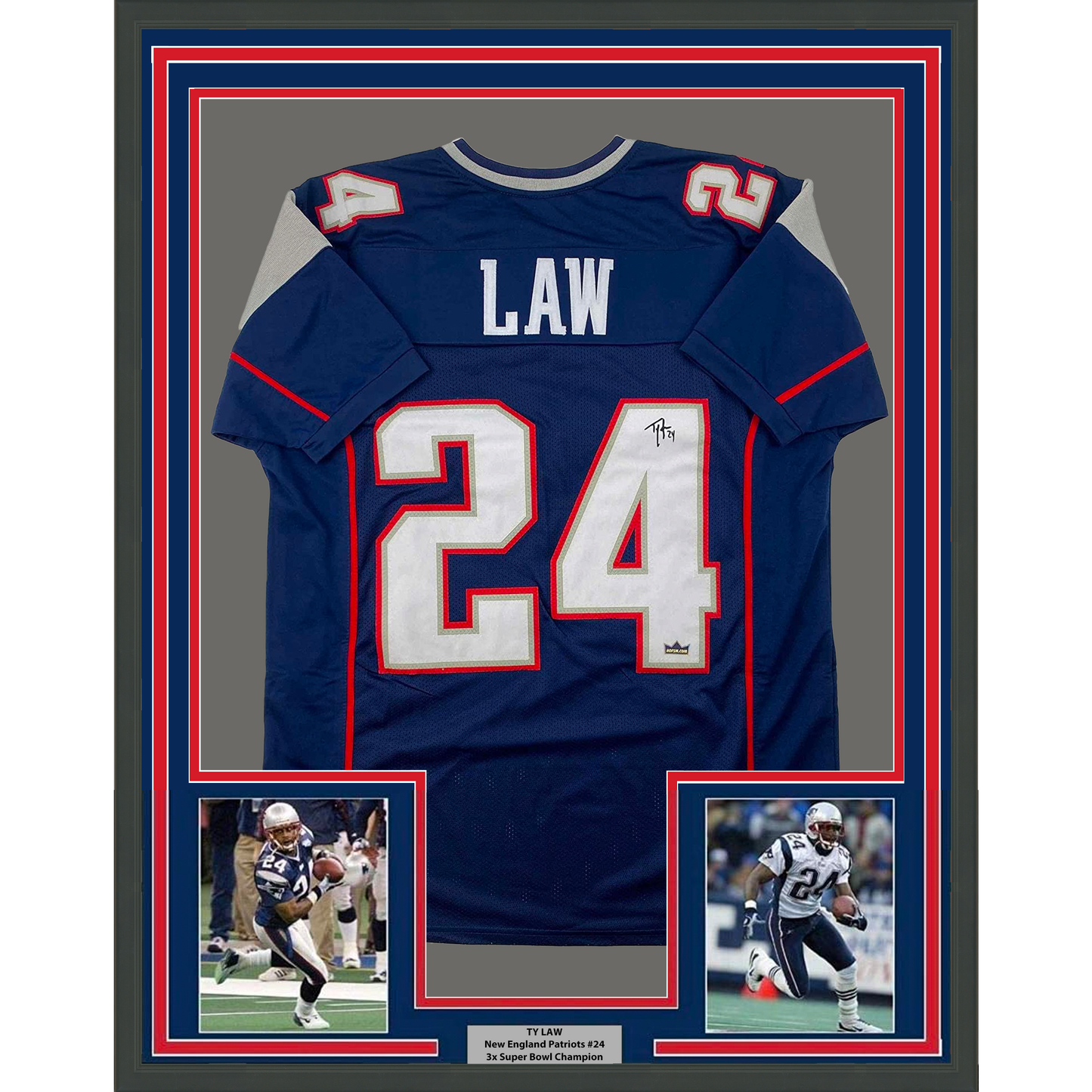 Framed Facsimile Autographed Ty Law 35x39 New England Blue Reprint Laser Auto Football Jersey
