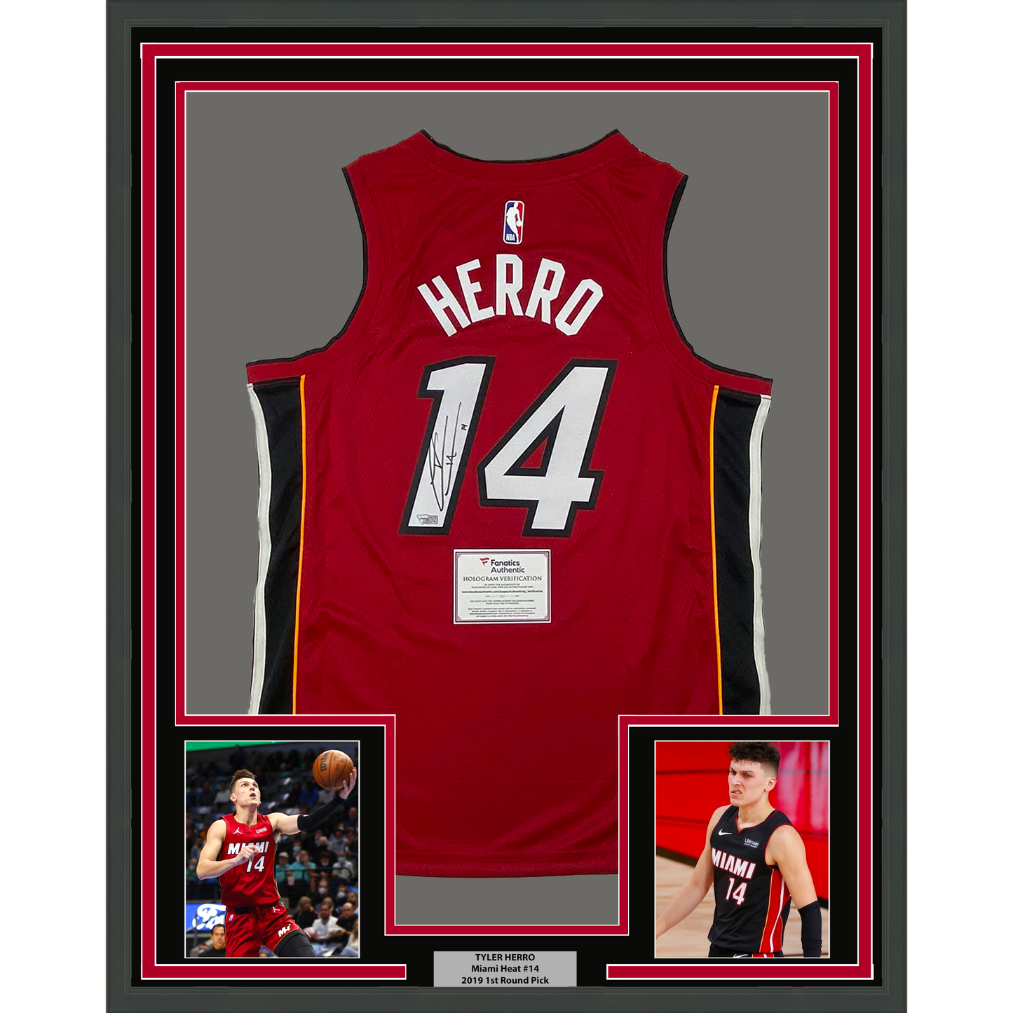 Framed Autographed/Signed Tyler Herro 35x39 Miami Heat Red Authentic Basketball Jersey Fanatics COA