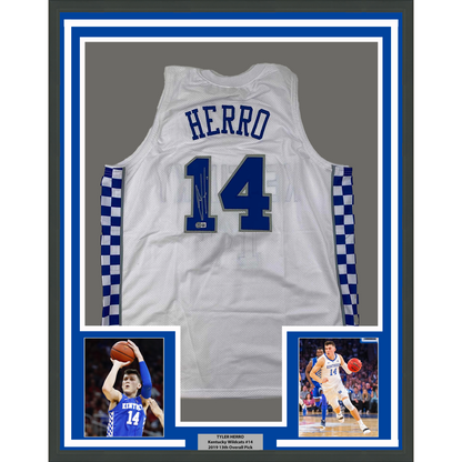 Framed Autographed/Signed Tyler Herro 35x39 Kentucky White College Basketball Jersey Beckett BAS COA