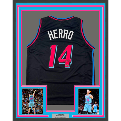 Framed Facsimile Autographed Tyler Herro 35x39 Miami Black Vice City Reprint Laser Auto Basketball Jersey