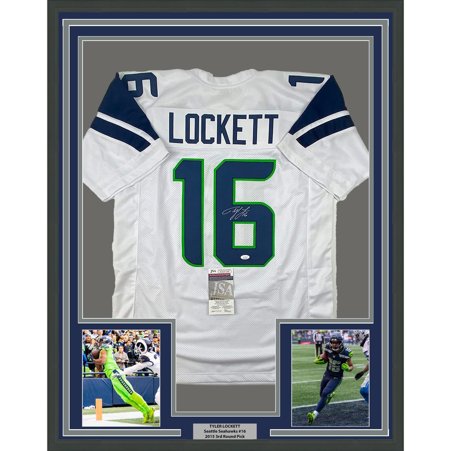 Framed Autographed/Signed Tyler Lockett 35x39 Seattle White Football Jersey JSA COA