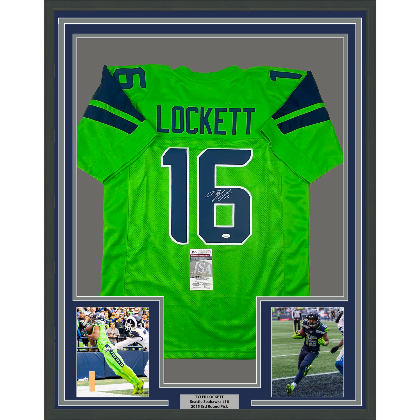 Framed Autographed/Signed Tyler Lockett 35x39 Seattle Green Color Rush Football Jersey JSA COA
