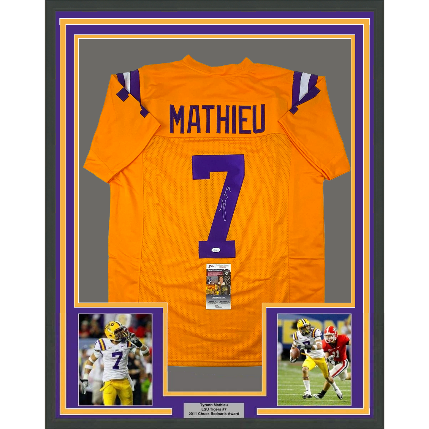 Framed Autographed/Signed Tyrann Mathieu 35x39 LSU Yellow College Football Jersey JSA COA