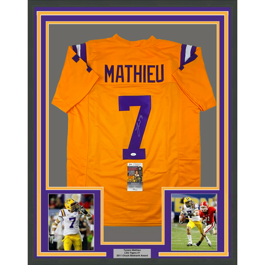 Framed Autographed/Signed Tyrann Mathieu 35x39 LSU Yellow College Football Jersey JSA COA