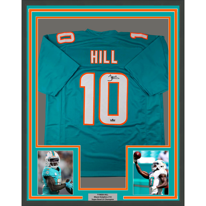 Framed Facsimile Autographed Tyreek Hill 35x39 Miami Teal Reprint Laser Auto Football Jersey