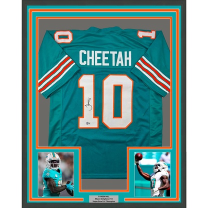 Framed Autographed/Signed Tyreek Hill 35x39 Cheetah Miami Retro Teal Football Jersey Beckett BAS COA