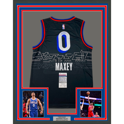 Framed Autographed/Signed Tyrese Maxey 35x39 Philadelphia 76ers Sixers Black City Edition Basketball Jersey JSA COA