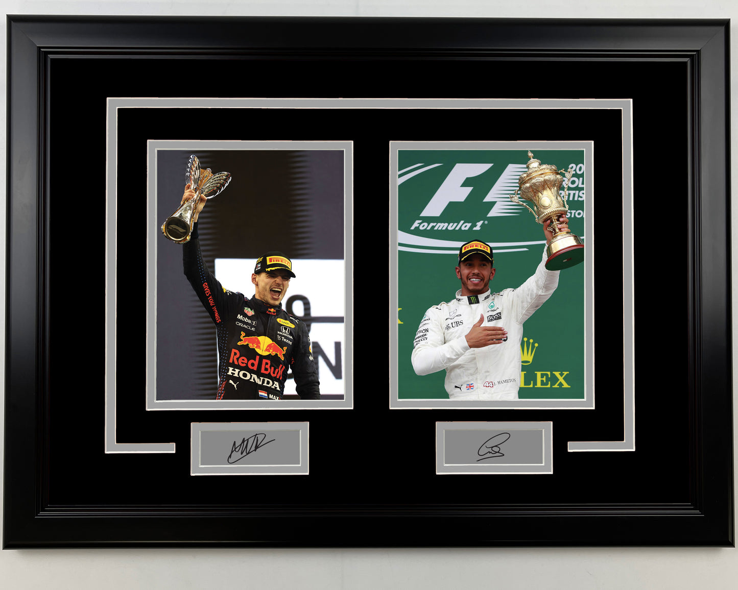Framed Max Verstappen and Lewis Hamilton Facsimile Laser Engraved Signatures 17x23 Dual F1 Racing Photo