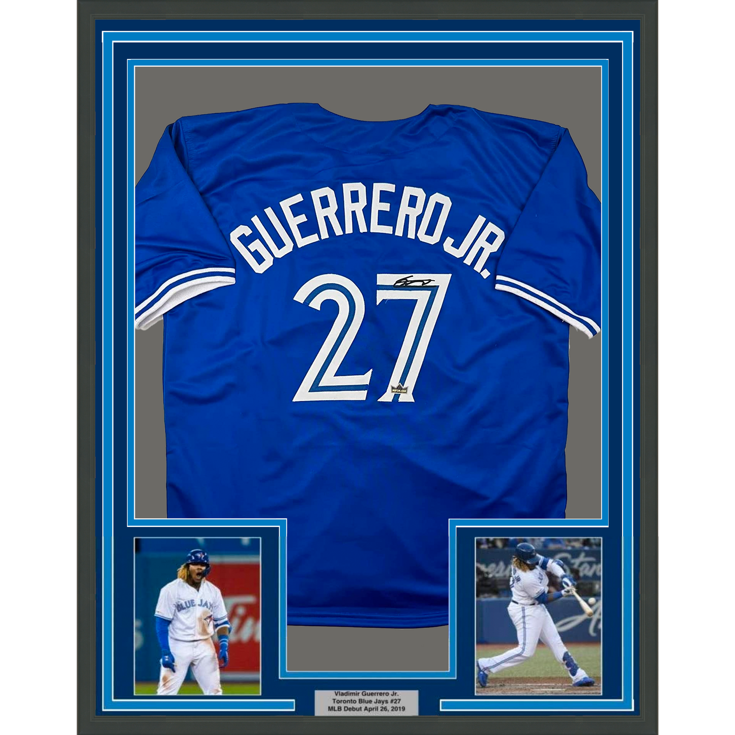 Framed Facsimile Autographed Vladimir Vlad Guerrero Jr. 35x39 Toronto Blue Reprint Laser Auto Baseball Jersey