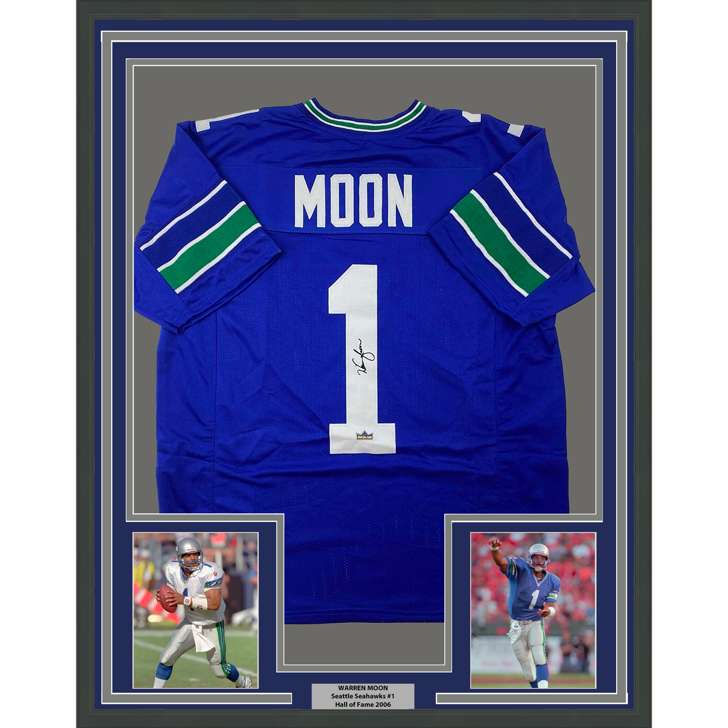 Framed Facsimile Autographed Warren Moon 35x39 Seattle Blue Reprint Laser Auto Football Jersey