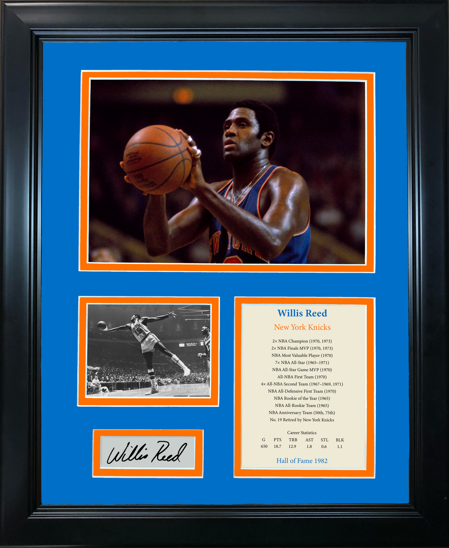 Framed Willis Reed Hall of Fame New York Knicks Facsimile Laser Engraved Signature Auto Basketball 11"x14" Photo Sig Collage