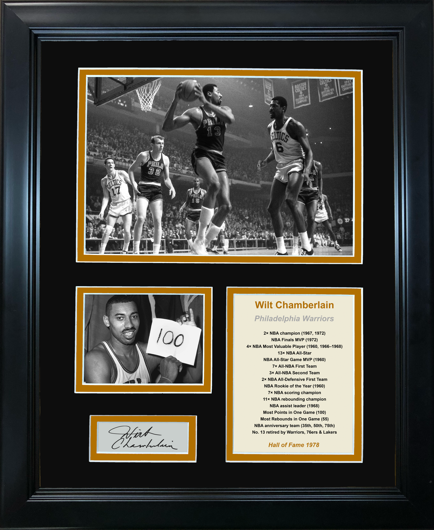 Framed Wilt Chamberlain Hall of Fame Facsimile Laser Engraved Signature Auto Basketball 11"x14" Photo Sig Collage