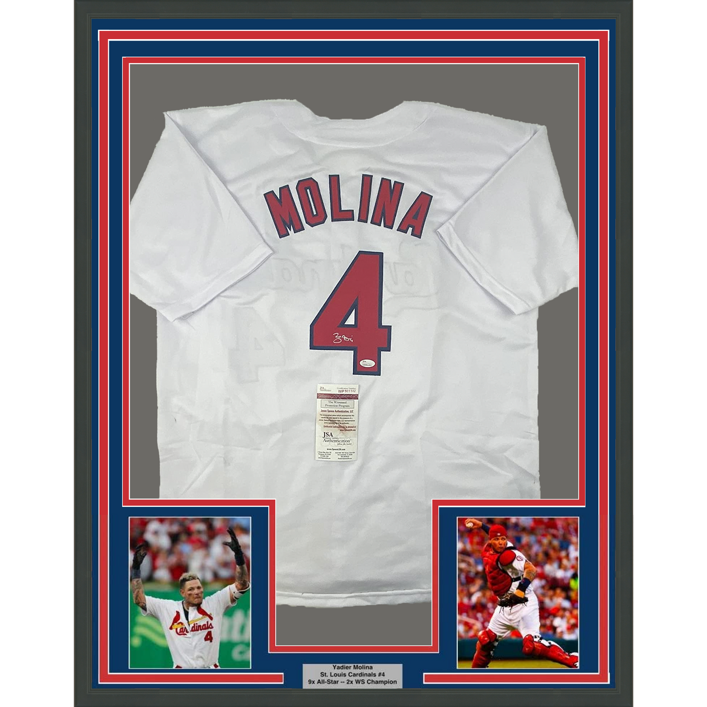 Framed Autographed/Signed Yadier Molina 35x39 St. Louis White Baseball Jersey JSA COA