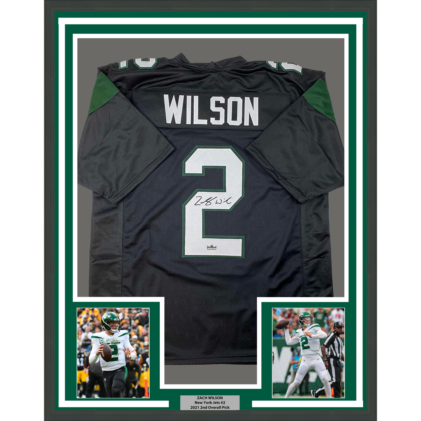 Framed Facsimile Autographed Zach Wilson 35x39 New York Black Reprint Laser Auto Football Jersey