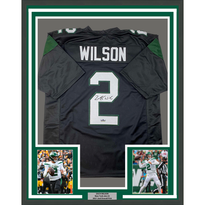 Framed Facsimile Autographed Zach Wilson 35x39 New York Black Reprint Laser Auto Football Jersey