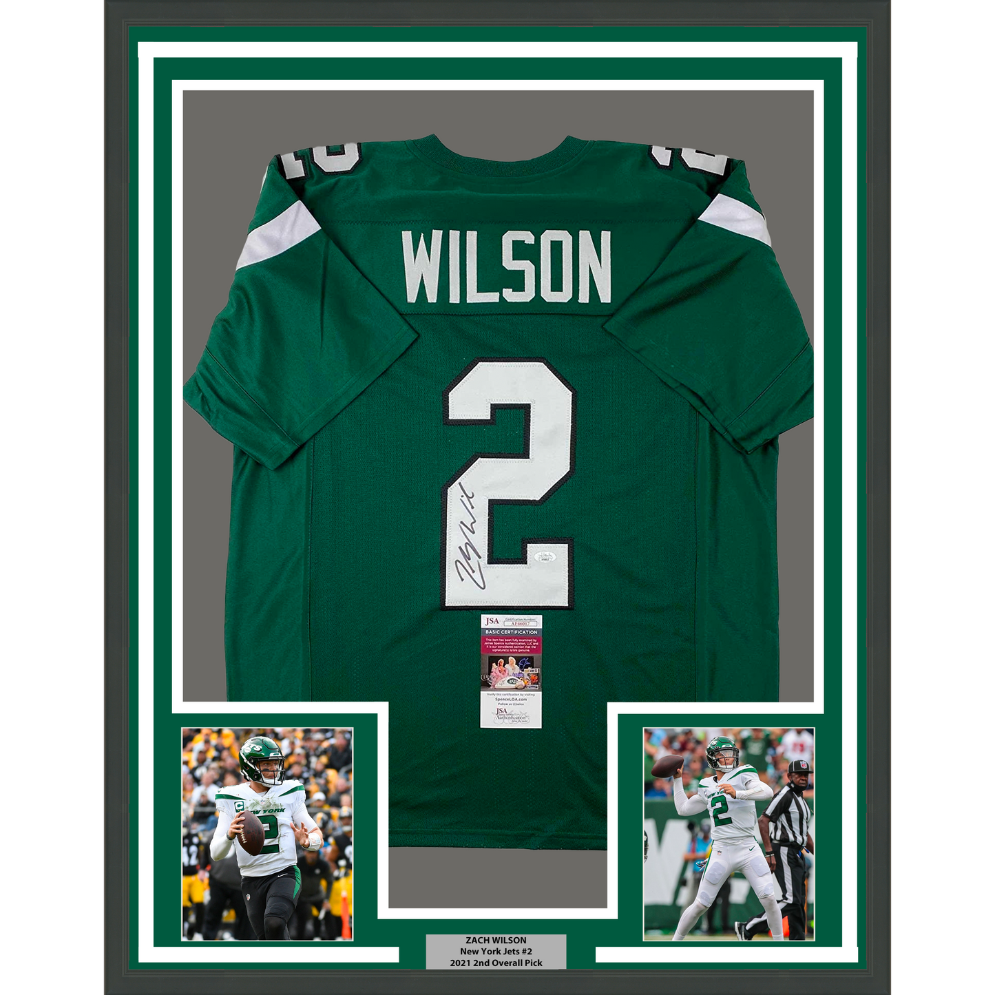 Framed Autographed/Signed Zach Wilson 35x39 New York Green Football Jersey JSA COA