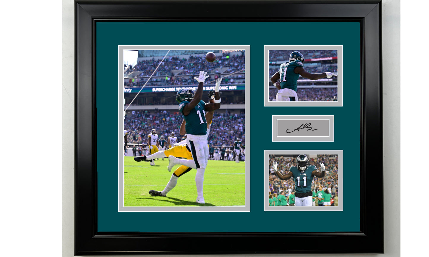 Framed AJ Brown Philadelphia Eagles Facsimile Laser Engraved Signature Football 14x11 3 Photo Collage