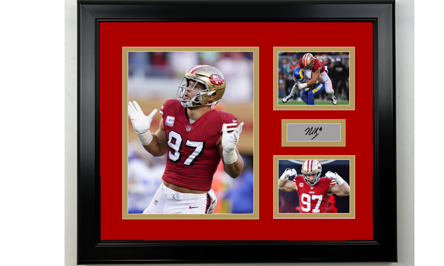 Framed San Francisco 49ers Nick Bosa Facsimile Laser Engraved Signature Football 14x11 3 Photo Collage