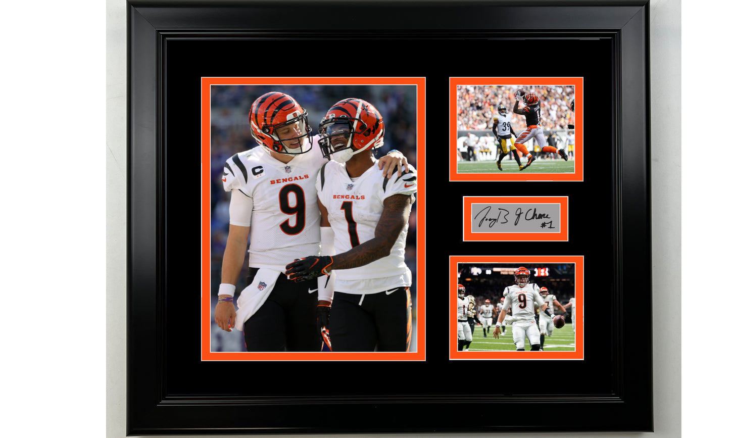 Framed Joe Burrow & Ja'Marr Chase Cincinnati Bengals Facsimile Laser Engraved Signature Football 14x11 3 Photo Collage