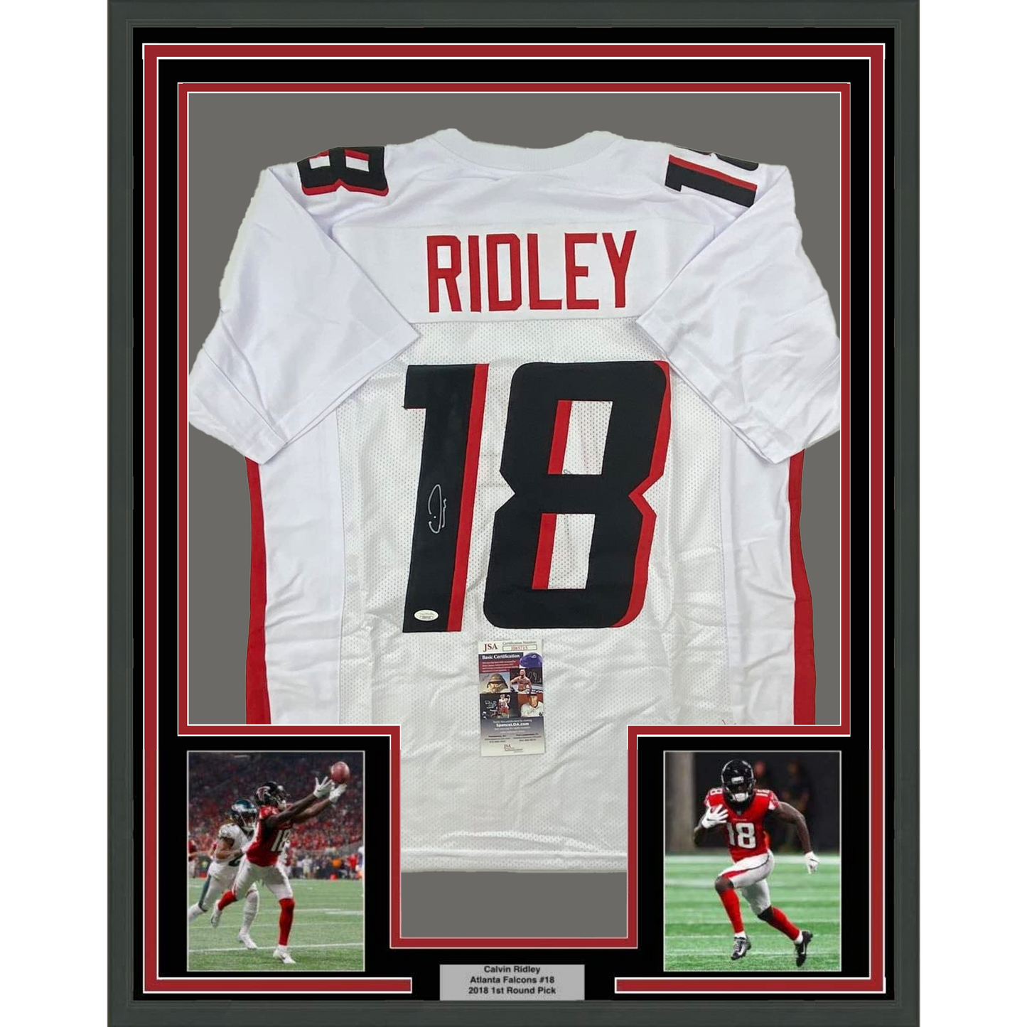 Framed Autographed/Signed Calvin Ridley 35x39 Atlanta White Football Jersey JSA COA