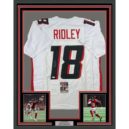 Framed Autographed/Signed Calvin Ridley 35x39 Atlanta White Football Jersey JSA COA