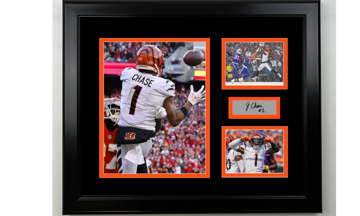 Framed Ja'Marr Chase Cincinnati Bengals Facsimile Laser Engraved Signature Football 14x11 3 Photo Collage