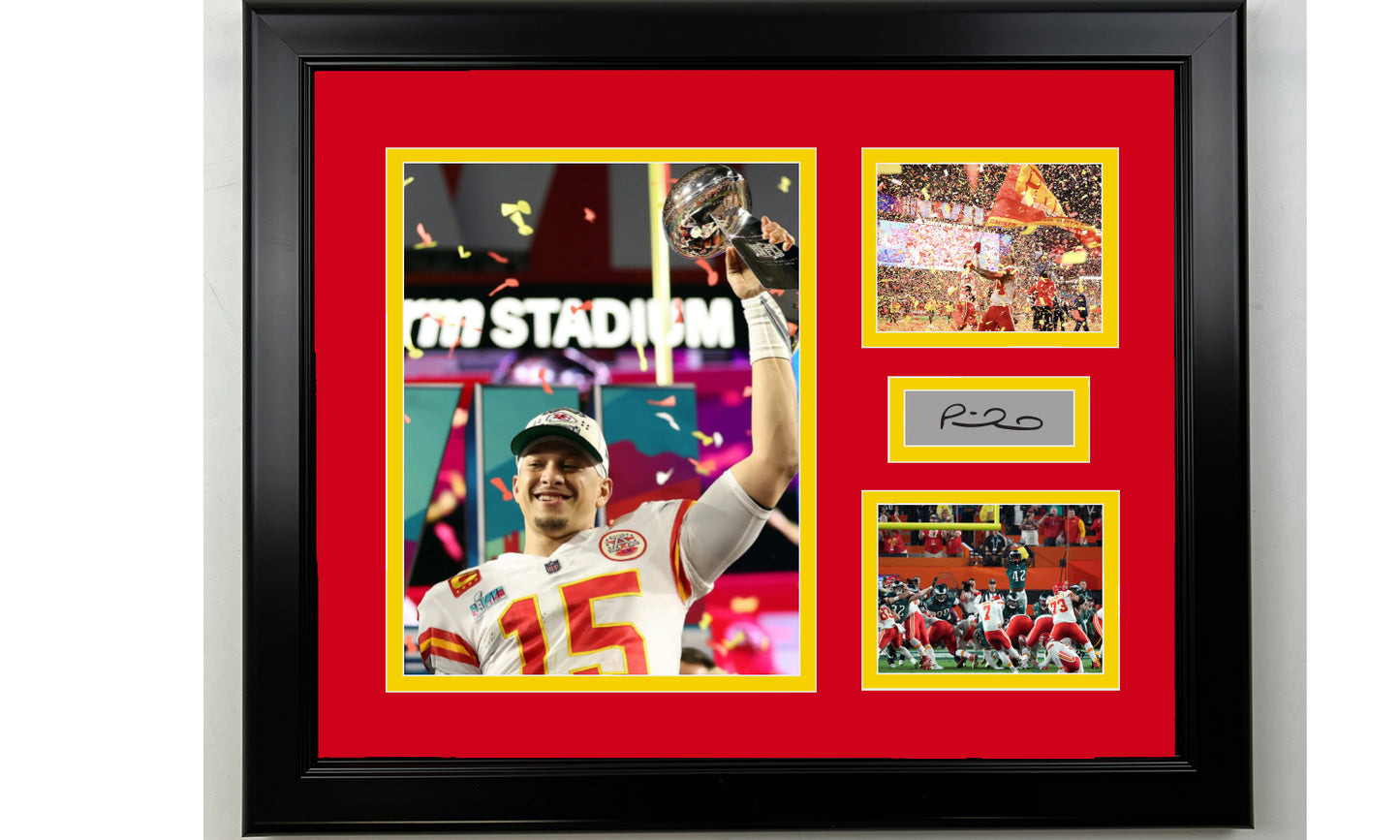 Framed Kansas City Chiefs Super Bowl LVII Champions Mahomes MVP Facsimile Laser Engraved Signature Football 14x11 3 Photo Collage