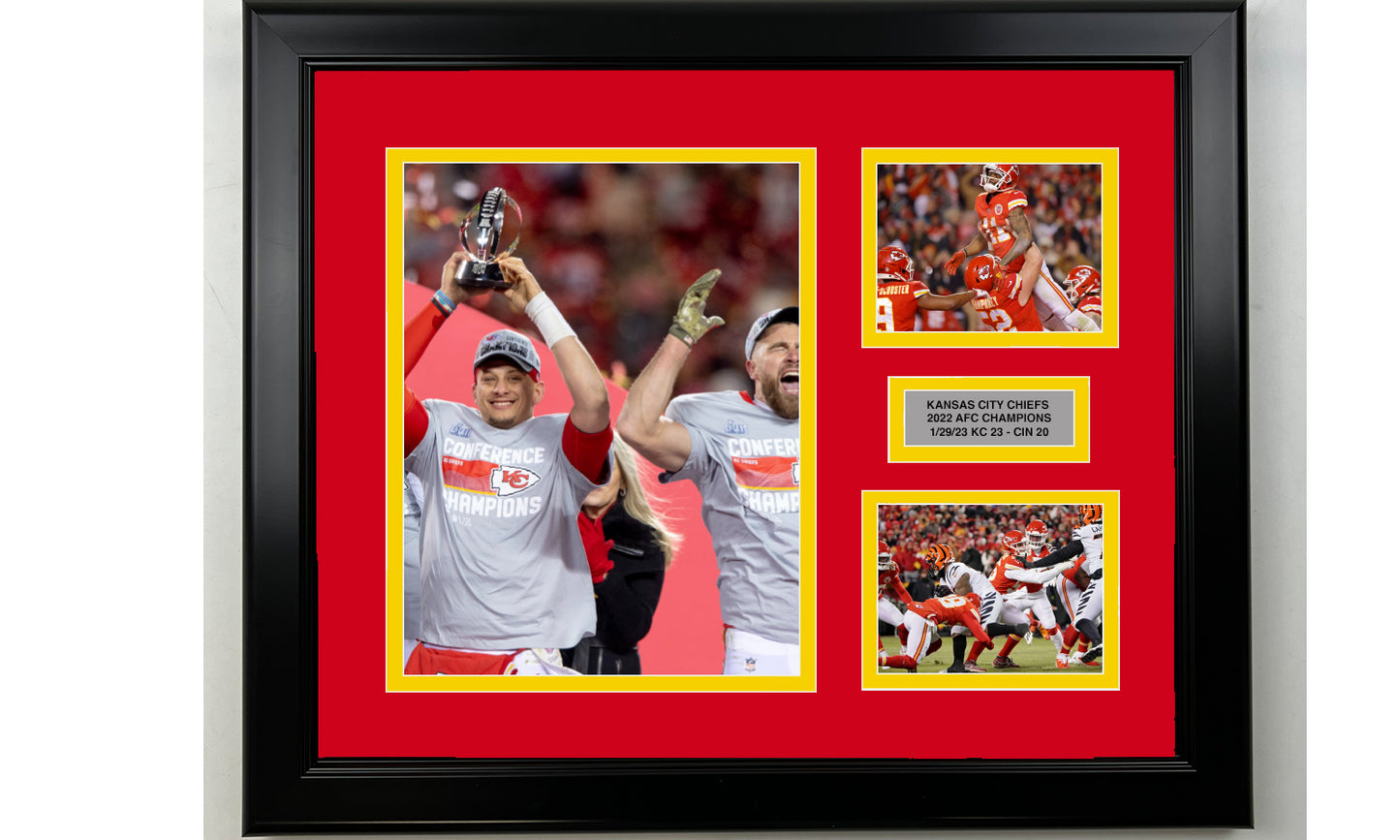Framed 2022 AFC Champions Kansas City Chiefs Facsimile Laser Engraved Signature Football 14x11 3 Photo Collage
