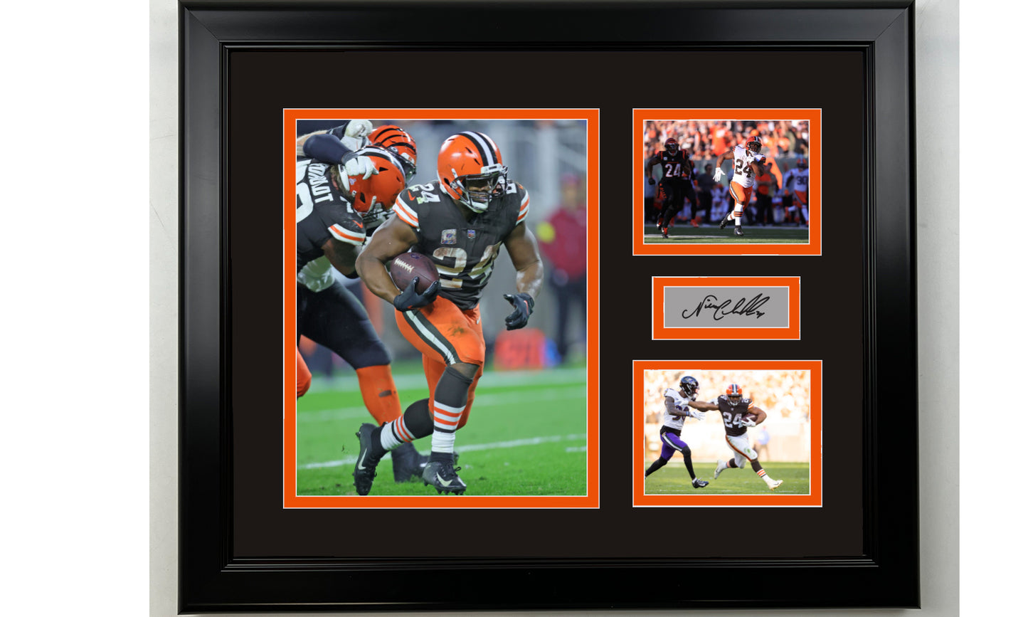Framed Nick Chubb Cleveland Browns Facsimile Laser Engraved Signature Football 14x11 3 Photo Collage