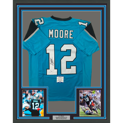Framed Autographed/Signed DJ D.J. Moore 35x39 Carolina Teal Football Jersey Beckett BAS COA
