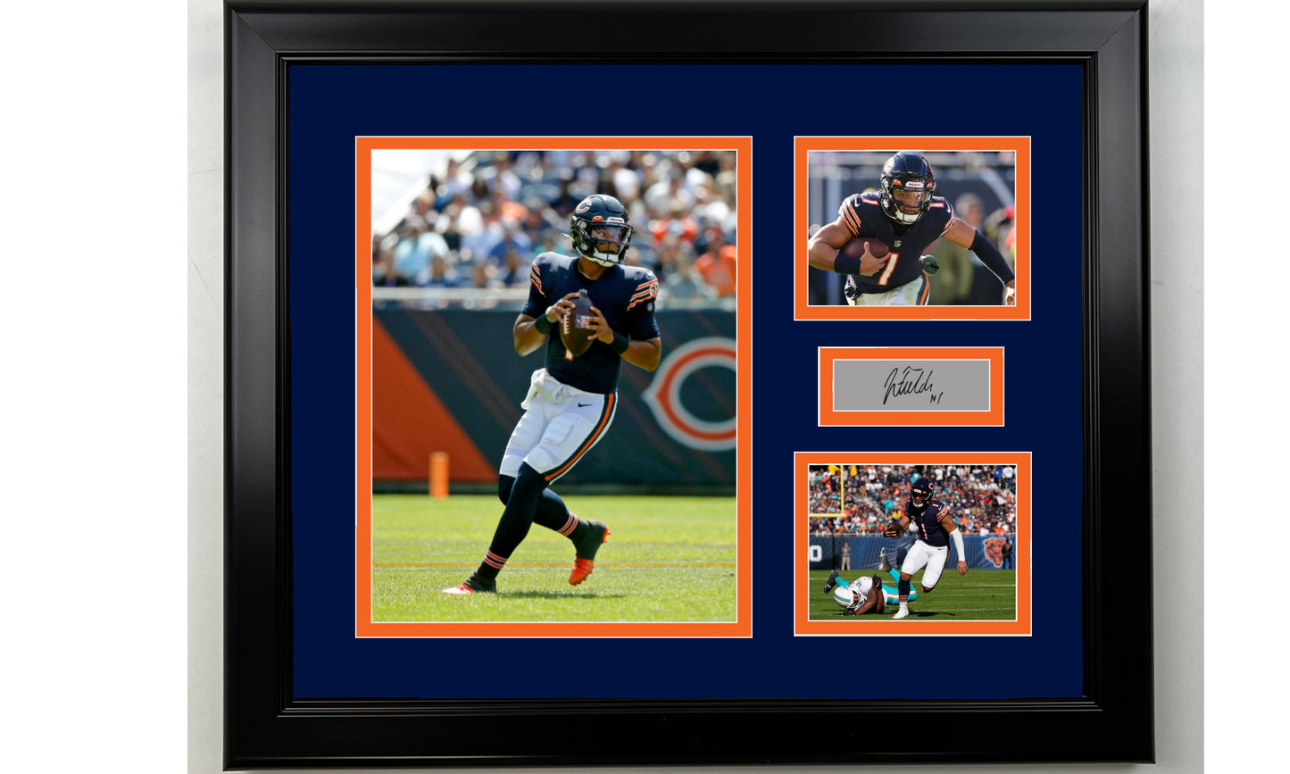 Framed Justin Fields Chicago Bears Facsimile Laser Engraved Signature Football 14x11 3 Photo Collage
