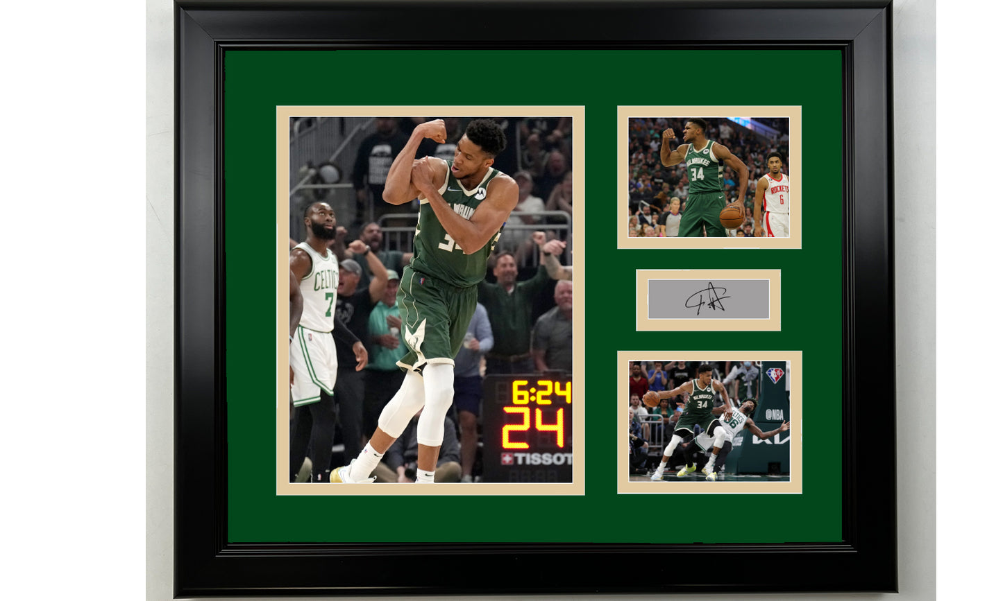 Framed Giannis Antetokounmpo Milwaukee Bucks Facsimile Laser Engraved Signature Basketball 14x11 3 Photo Collage