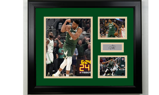 Framed Giannis Antetokounmpo Milwaukee Bucks Facsimile Laser Engraved Signature Basketball 14x11 3 Photo Collage