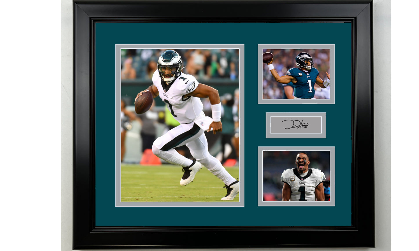 Framed Philadelphia Eagles Jalen Hurts Facsimile Laser Engraved Signature Football 14x11 3 Photo Collage