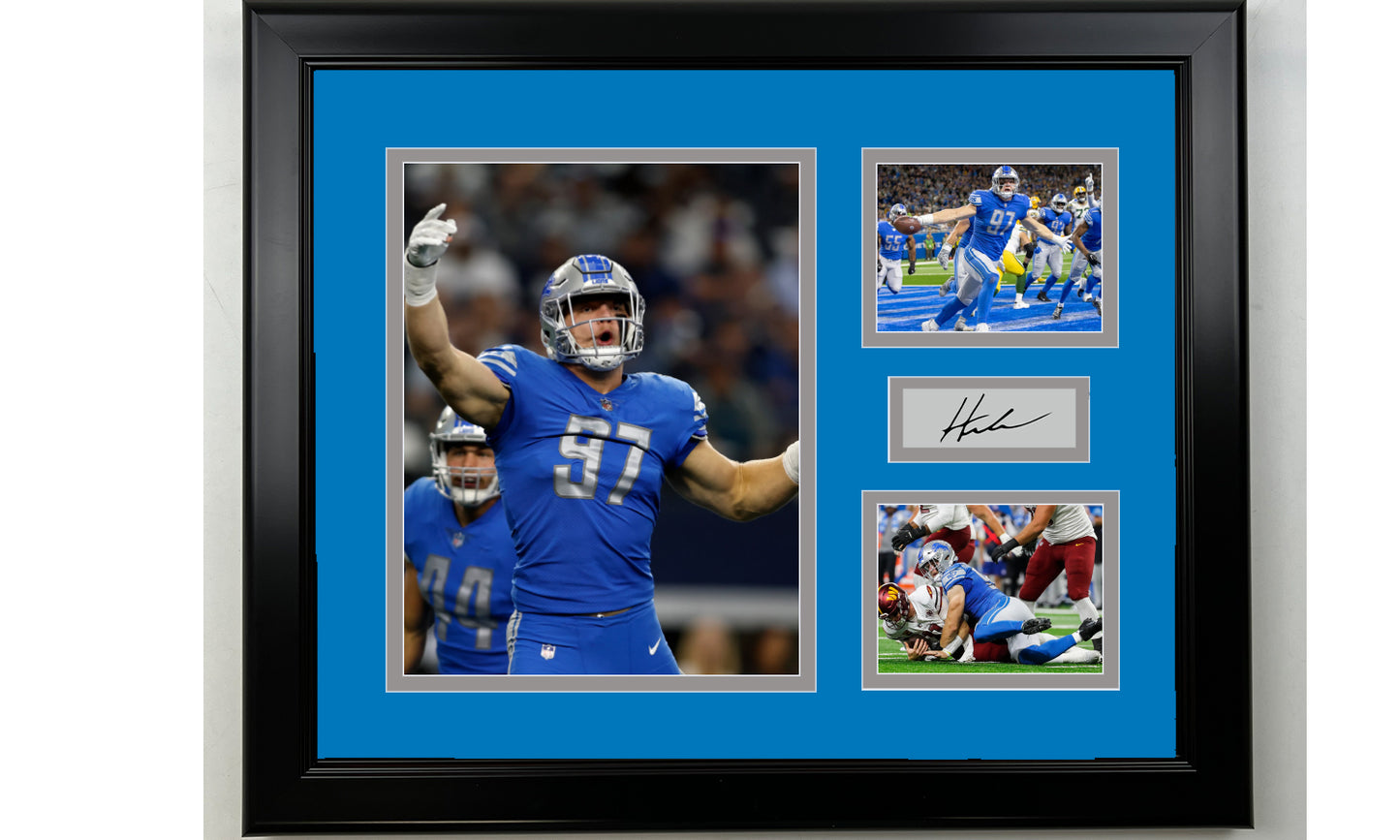 Framed Aidan Hutchinson Detroit Lions Facsimile Laser Engraved Signature Football 14x11 3 Photo Collage