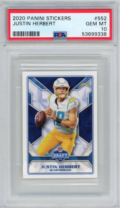 Graded 2020 Panini Stickers Justin Herbert #552 Rookie RC Football Card PSA 10 Gem Mint