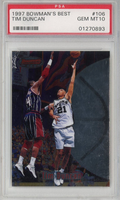 Graded 1997-98 Bowman's Best Tim Duncan #106 Rookie RC Basketball Card PSA 10 Gem Mint