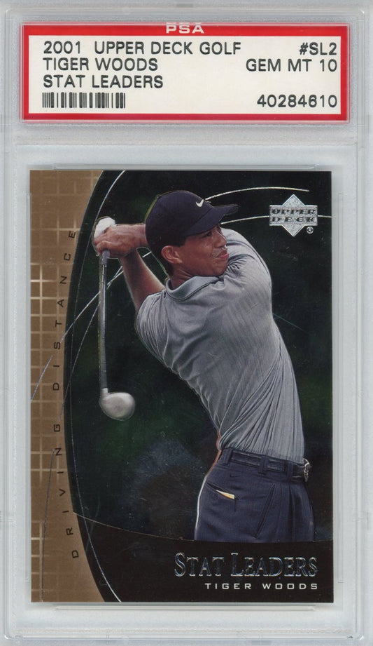 Graded 2001 Upper Deck UD Golf Tiger Woods #SL2 Stat Leaders Rookie RC Golf Card PSA 10 Gem Mint