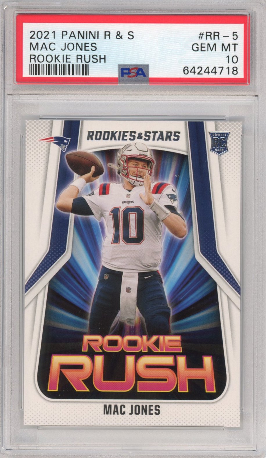 Graded 2021 Panini Rookies & Stars Mac Jones #RR-5 Rookie Rush RC Football Card PSA 10 Gem Mint