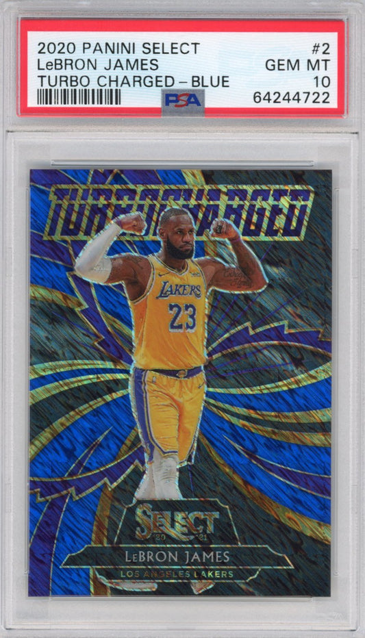 Graded 2020-21 Panini Select LeBron James #2 Turbo Charged Blue Prizm Basketball Card PSA 10 Gem Mint