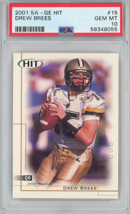 Graded 2001 Sage SA-GE Hit Drew Brees #15 Rookie RC Football Card PSA 10 Gem Mint