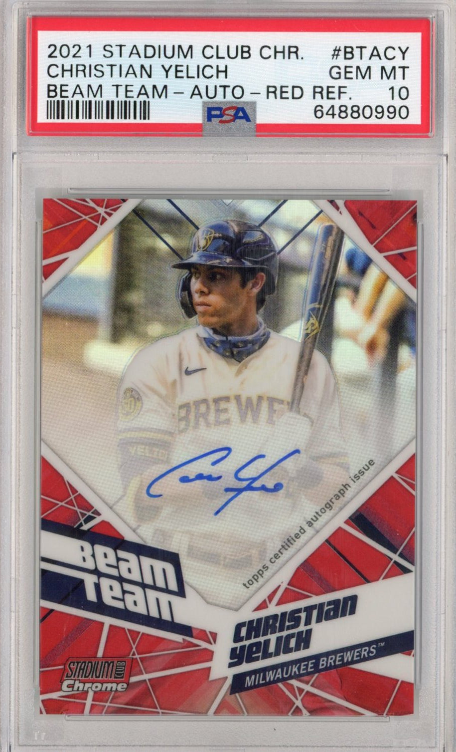 Graded 2021 Topps Stadium Club Chrome Christian Yelich #BTACY #2/5 Beam Team Auto Red Refractor Baseball Card PSA 10 Gem Mint